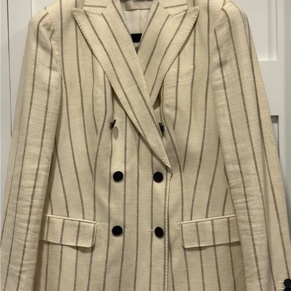 Suistudio cream colored pinstriped double-breasted blazer - Picture 1 of 7